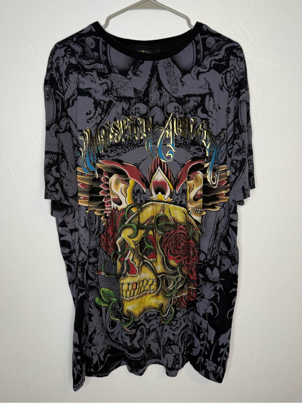 Christian Audigier Rhinestone Skull Graphic Oversized Tee Shirt 3XL Y2K Gothic